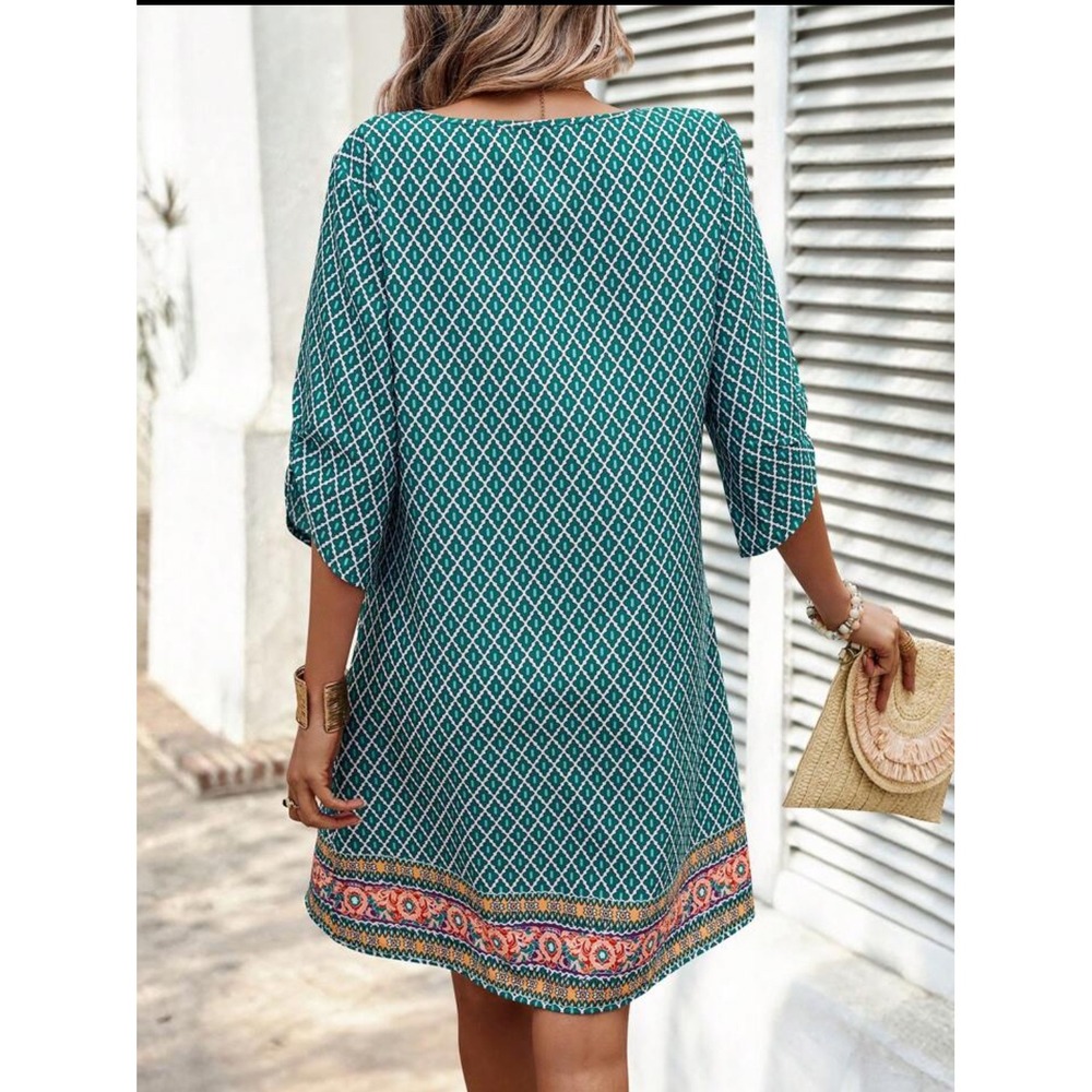 Women's Plus 0X‎ Geometric Bohemian Shift Midi Dress Ruched 3/4 Sleeve Peasant - Picture 3 of 9